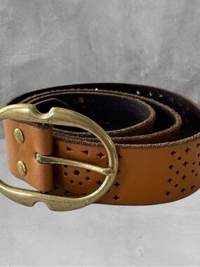 ITALIAN LEATHER PIERCED BELT BRASS BUCKLE MADE IN USA M